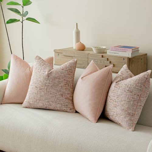 a moment Light Pink 4 Pack Throw Pillow Covers - Chenille & Velvet Set with Piping, Farmhouse Textured Design Pillow Cases for Couch Sofa Bed Livingroom (20x20 Inch, No Insert) - Image 2