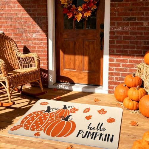 3Pcs Hello Fall Pumpkin Non‑Slip Doormat Maple Leaf Seasonal Kitchen Mats | Diatomaceous Earth Harvest Floor Rugs, 16x28 16x47 Inch for Front Door Entryway Indoor Patio, Farmhouse Home Decor - Image 2
