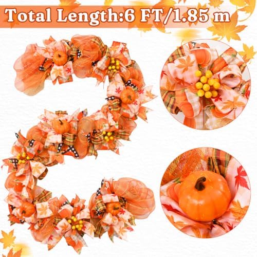 2Pcs 6 FT Fall Garland for Mantel, Autumn Garland with Pumpkin Ribbon & Berries, Thanksgiving Vine for Table Centerpiece, Fall Party Decor for Fireplace & Modern Farmhouse - Image 2