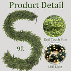 2 Pcs 9Ft Christmas Cedar Garland with Lights Christmas Decorations, Real Touch Soft Lush Green Pine Cedar Garland for Mantel Front Door Porch Fireplace Stairs Table Outdoor Indoor Holiday Home Decor - Image 4