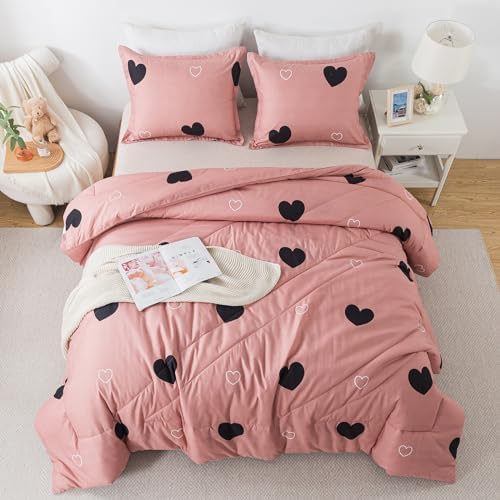 Caressma Pink Comforter Set Full Size Black Heart 3pcs with Pillowcase - Image 2