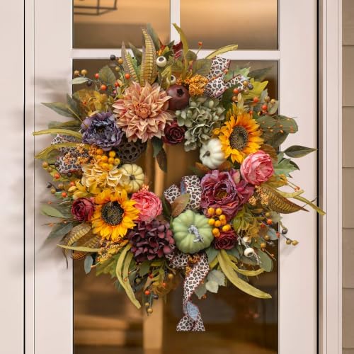 Fall Wreaths for Front Door 24 Inch Autumn Wreath with Pumpkins, Sunflowers - Image 3