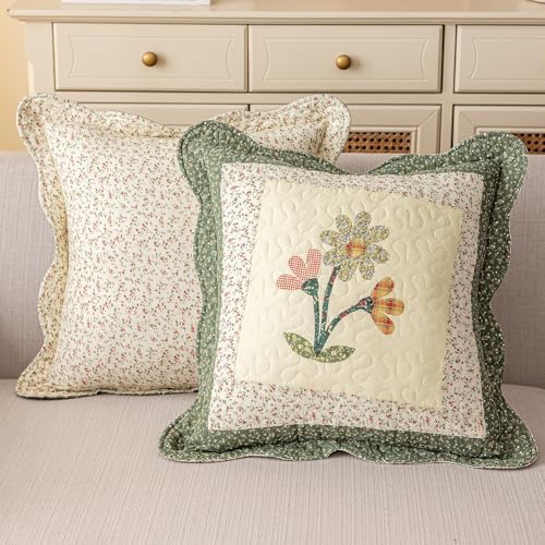 vctops Set of 2 Cotton Quilted Decorative Square Throw Pillow Covers with Scalloped Floral Pattern Soft Cushion Case for Couch Sofa Bed (Green,18"x18") - Image 2