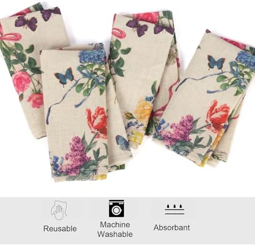 Watercolor Flower Cloth Napkins Set of 12, Spring Rose Butterfly Decorative Napkins Natural Linen Cotton Reusable Dinner Napkins for Bridal Wedding, Baby Shower, Spring Party and Everyday Use - Image 4