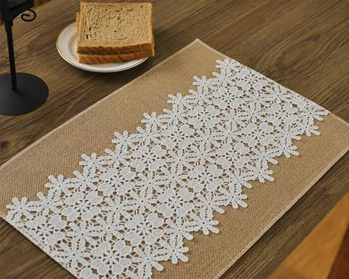 Natural Jute Placemats Set of 6 with Floral Lace, Burlap Table Mats - Image 2