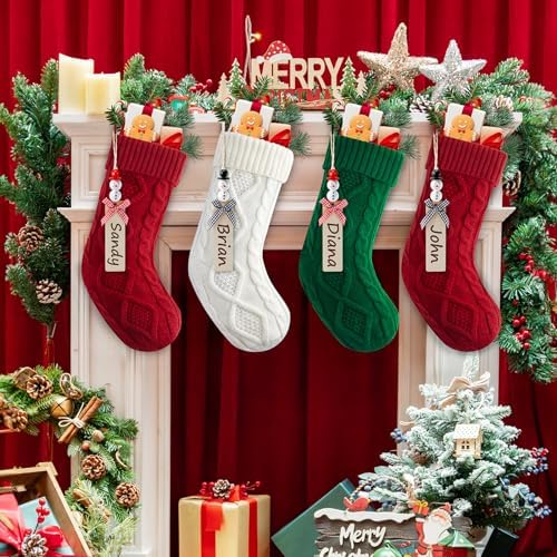 Personalized Christmas Stockings - 18 Inches Hanging Stockings with DIY Snowman Name Tags, 6 Pack Large Size Knitted Stockings for Mantels, Christmas Tree Family Holiday Decor, Red Green White - Image 4