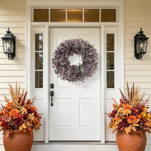 24" Fall Wreath for Front Door with Artificial Burgundy Eucalyptus Leaves - Image 3