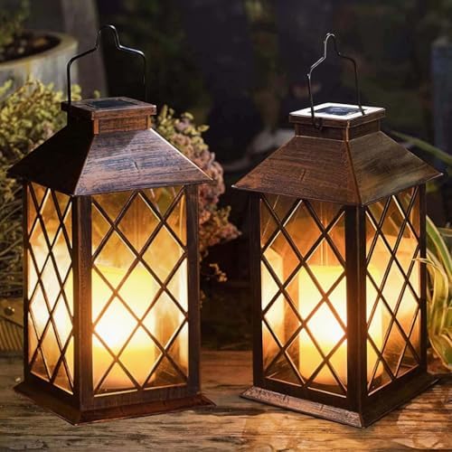 [2 Pack] TAKE ME 14" Solar Lantern Outdoor Garden Hanging Lantern Waterproof LED Flickering Flameless Candle Mission Lights for Table,Outdoor, Mothers Day Gifts Mom Wife by TAKEME
