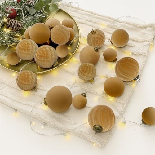 XmasExp 36PCS Velvet Christmas Ornaments Set Mixed Flocked Balls Ornaments Shatterproof Christmas Tree Decorations for Holiday,Party,Home(Light Coffee - Image 4