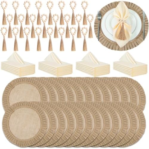 Gejoy 72 Pcs Burlap Placemat Wood Napkin Ring Dinner Napkin, Natural by Gejoy