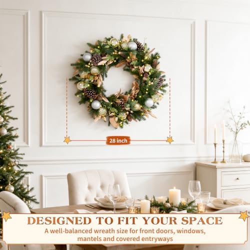 Hykolity 28 Inch Pre-Lit Botanical Christmas Wreath, Battery Operated Lighted Wreath with 50 Warm White LEDs, Timer, Gold Silver Ornaments, Pinecones and Decorative Leaves for Front Door - Image 3