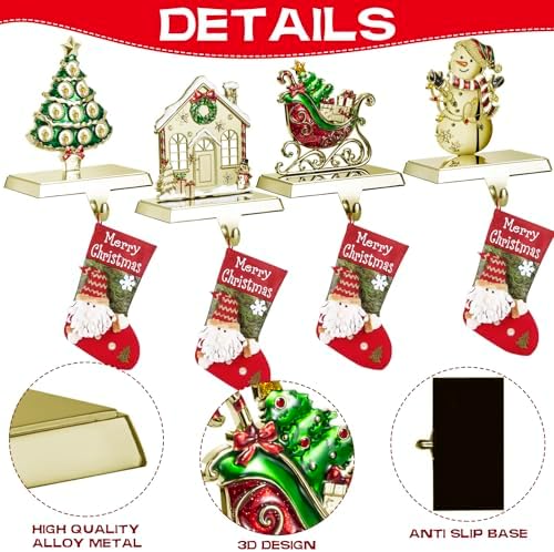 GUOER 4 Pack Christmas Stocking Holder Set for Mantle Christmas Decorations Mantle Fireplace Topper-House, Sleigh,Snowman and Christmas Tree Hangers Decorative Metal Hanger(Golden) - Image 3
