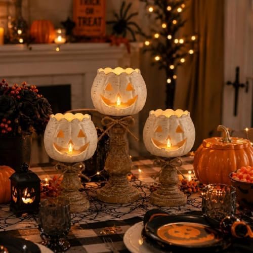 Rustic White Pumpkin Candle Holder Set Fall Decor for Thanksgiving Party - Image 2