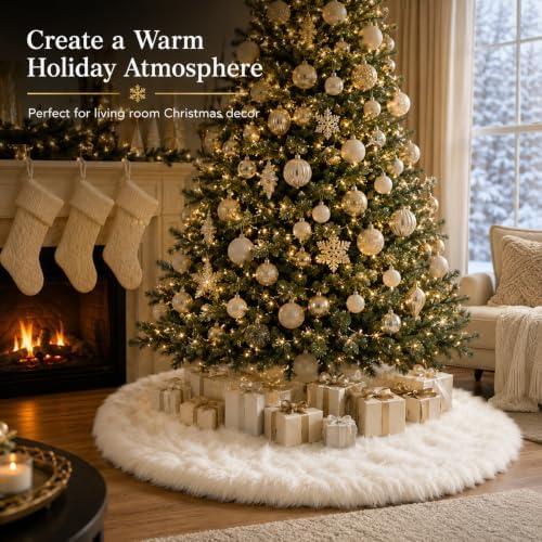 AOGU 60 Inch Faux Fur Christmas Tree Skirt White Plush Skirt for Merry Christmas Party Christmas Tree Decoration - Image 2
