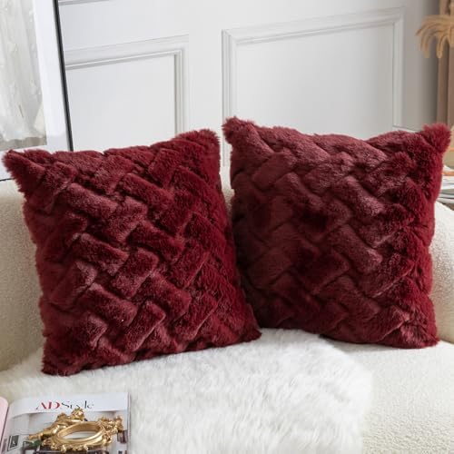 Yaertun Set of 2 Decorative Throw Pillow Covers Thick Plush Wool Throw Pillows Super Soft Luxury Faux Rabbit Fur Velvet Cushion Covers for Couch Sofa Bed Living Room 24x24 Inch Burgundy - Image 2