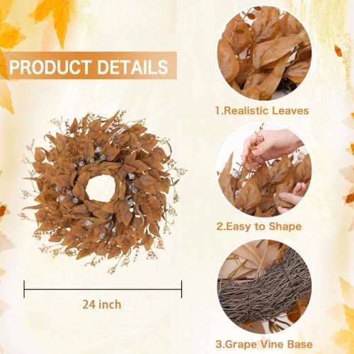 24 Inch Fall Wreath for Front Door, Artificial Eucalyptus Porch Decor - Image 2