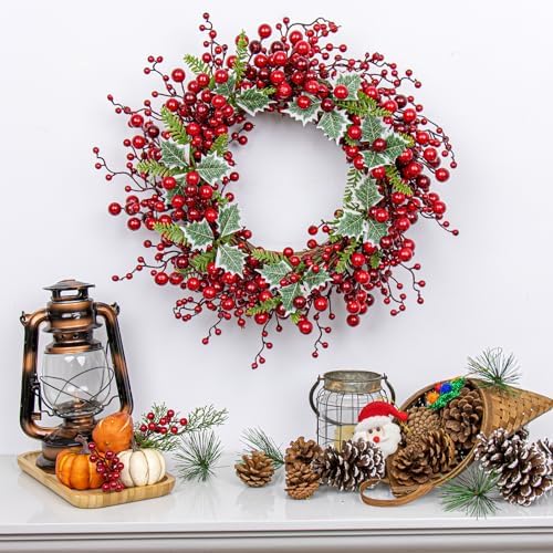 JINGHONG Artificial Christmas Wreath 20 Inch Christmas Wreaths for Front Door Red Berry Wreath with Holly Berries Leaves Pine Needles for Indoor Outdoor Xmas Winter Holidays - Image 2