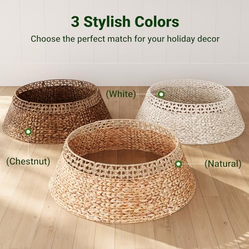 ELYKEN 33 Inch Woven Rattan Christmas Tree Collar, Stylish Seagrass & Water Hyacinth Xmas Tree Skirt for Artificial Trees, Wicker Tree Base Cover with Cord Cut-Out Farmhouse Tree Ring for Home Decor - Image 6