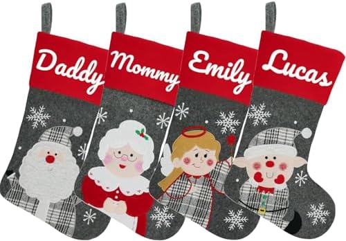 Set of 4, 18" Dia Personalized Gray Christmas Stockings with Embroidery Names,with Holders, Quality Thick Fleece Material Stockings for Family Decor(Santa Mrs.Claus Angel Elf) by YourBestMemory