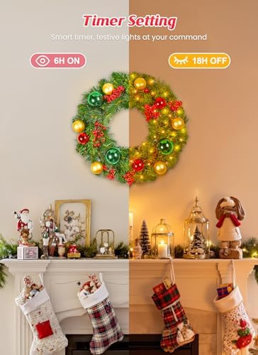 Minetom 24Inch Pre-Lit Christmas Wreath 24Inch, Christmas Door Decorations Wreath with 50LED Warm Lights - Image 5