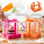 Gerrii 100 Pcs Clear Plastic Individual Cupcake Boxes 3.5" Single Cupcake Containers Transparent Ornament Gift Box with Inserts and Ribbon for Wedding Baby Shower Party Favor (Orange and Hot Pink) - Image 3