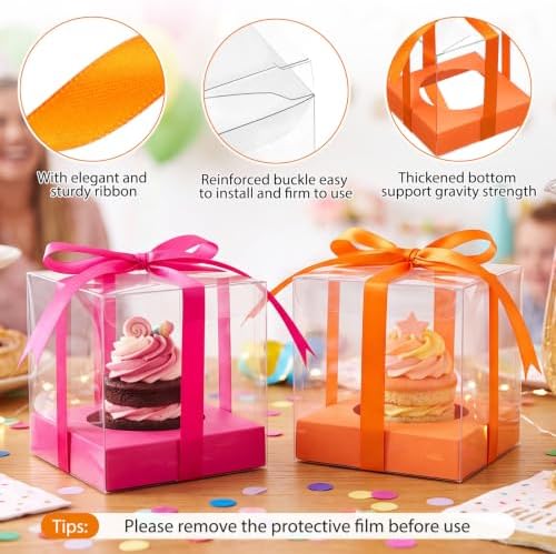 Gerrii 100 Pcs Clear Plastic Individual Cupcake Boxes 3.5" Single Cupcake Containers Transparent Ornament Gift Box with Inserts and Ribbon for Wedding Baby Shower Party Favor (Orange and Hot Pink) - Image 3