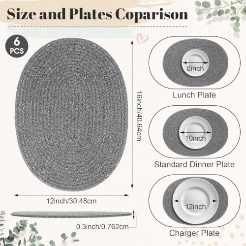Oval Woven Placemats Set of 6, Cotton Rope 16x12 Inch, Grey - Image 2