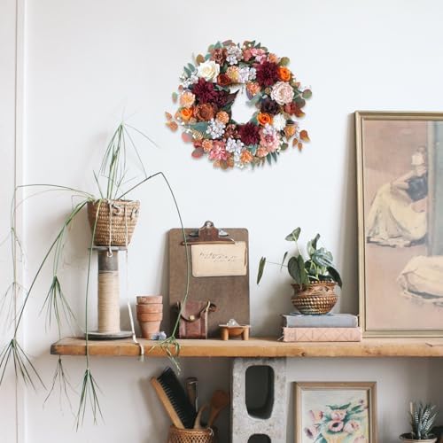 Fall Flower Wreath for Front Door with Burgundy Dahlias, Orange Roses Hydrangeas and Green Leaves, 22 inche Autumn Wreath for Home Indoor and Outdoor, Fall Harvest Thanksgiving Decoration - Image 5