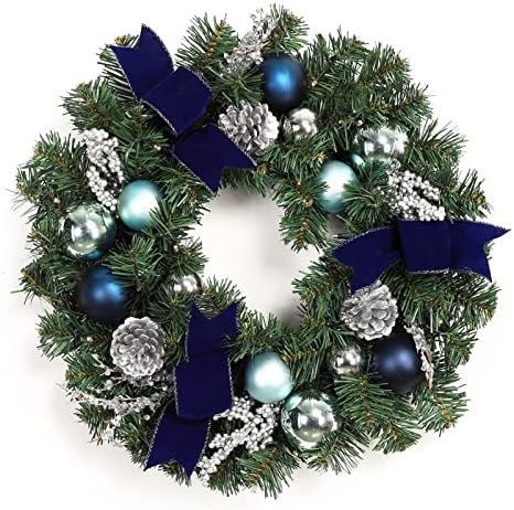 Garvee 18in Christmas Wreaths for Front Door with 15 LED Lights Blue Silver - Image 2