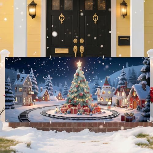 Christmas Garage Door Banner for Outdoor Decorations – Cartoon Christmas Tree with Gifts, Snow Village Background, Holiday Winter Wonderland Scene – Large Garage Mural Cover for Home Xmas Decor - Image 6