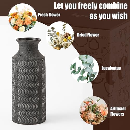 Black Ceramic Vase, 11 Inch Tall Vintage Flower Vase for Decor - Image 3