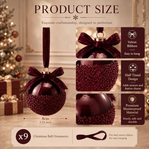 9 Pcs 3.15'' Burgundy Red Glass Christmas Ball Ornaments - Image 2