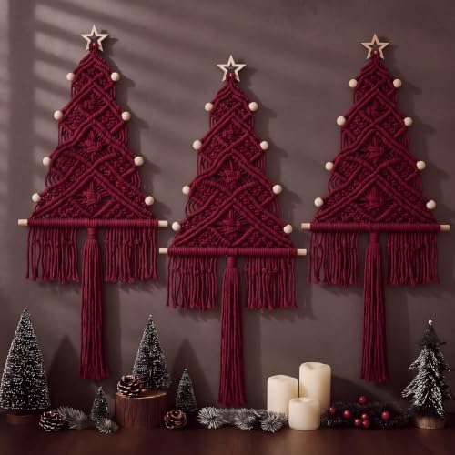 HunnmingRe 3 Pcs Large Macrame Christmas Tree Decor, Burgundy Red by HunnmingRe