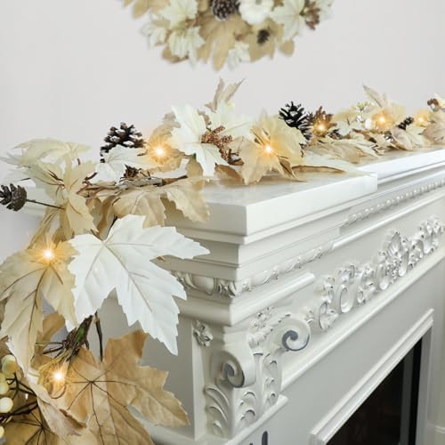 6 FT Realistic Fall Garland with Lights Timer Function Fall Leaves Maple Garland with Berries Pine Cones Autumn Automatic Fall Decorations for Home Mantle Fireplace Porch Table Decor - Image 6
