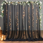 10x8ft Black Tulle Backdrop Curtain with Lights String for Parites, Sheer Photo Backdrop Curtains for Wedding Baby Shower Birthday Party Photo Shoot Decorations by Partisky
