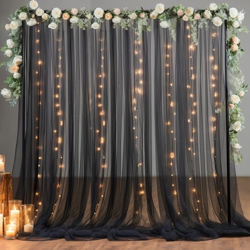 30x10ft Black Tulle Backdrop Curtain with Lights String for Parites, Sheer Backdrop Curtains for Wedding Baby Shower Birthday Party Photo Shoot Decorations - Image 2