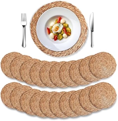Round Woven Placemats 13 inch Set of 20, Boho Rattan Placemats, Farmhouse Weave Place Mats, Rustic Braided Wicker Table Mats for Dining Table,Home and Wedding by Unknown