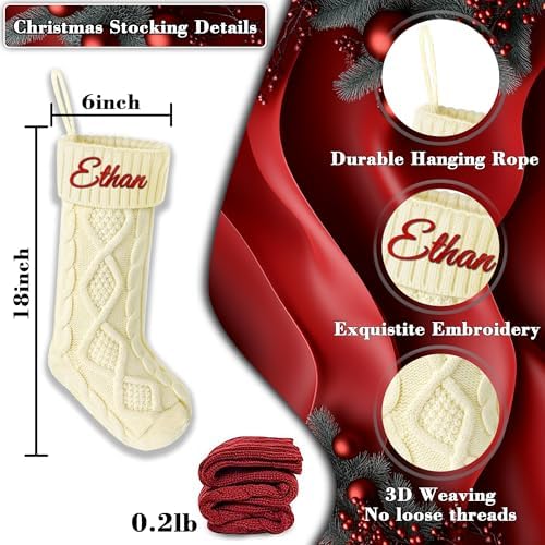 Personalized Christmas Stockings 8 Pack, Custom Christmas Stockings with Names, 18” Large Knitted Xmas Stocking for Family Kids, Fireplace Hanging Holiday Christmas Party Decoration - Image 3