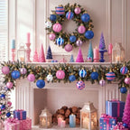 Lunmon 64 Pcs Blue Pink Christmas Ball Ornaments Set Cartoon Xmas Baubles - Image 5