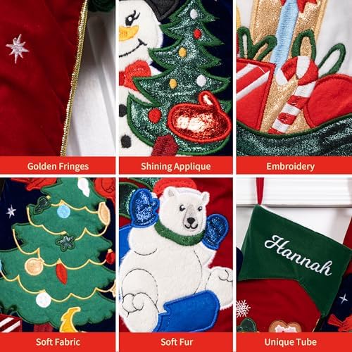 LUBOT 6 Pack Christmas Stockings Embroidered 20" Velvet Large Family Xmas Stocking Set of 6 Cute Cartoon Soft Luxury Stocking with Gold Piping Fireplace Hanging Holiday Decor - Image 3