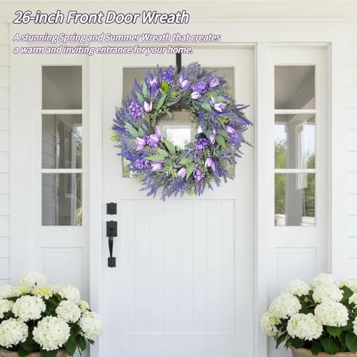 26" Artificial Spring Wreath for Front Door - Large Silk Hydrangea Daisy Rose Mixed Floral Wreath - Farmhouse Porch Wall Decor, Easter Mother's Day Decoration (Multicolor) (Purple, 26in) - Image 2