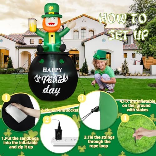 B&D 6FT St Patricks Day Inflatables Outdoor Decorations, Blow Up Leprechaun Holds Beer Cup Sitting on Pot of Gold Built-in LED Lights, St Patricks Day Decorations for Irish Day Yard Garden Lawn Decor - Image 6