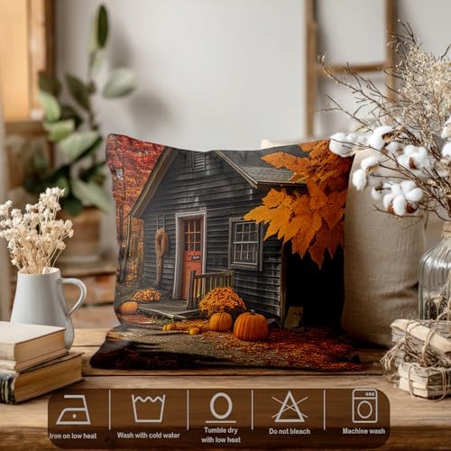 Batmerry Autumn Maple Forest Throw Pillow Covers, Pumpkins Cabins Fallen Leaves Decorative Pillow Covers Digital Printing Blended for Couch Sofa Bed Invisible Zipper 24X24 in(Set of 2) - Image 3