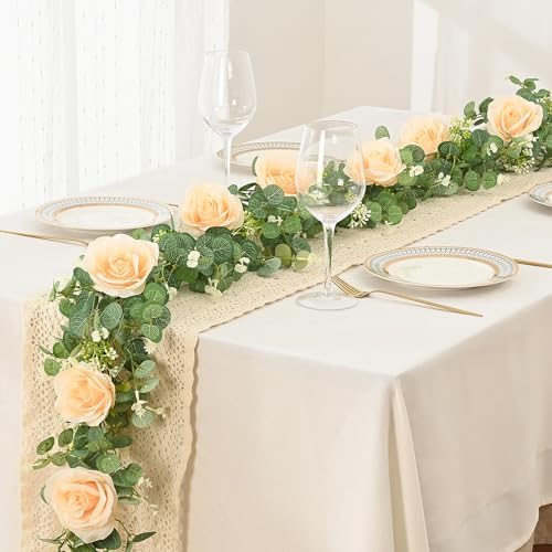 Dolicer 4Pcs 26Ft Artificial Eucalyptus Garlands with Flowers - 8 Roses, Faux Floral Greenery Garlands Fake Flowers Vines for Wedding Table Centerpieces Arch Party Ceremony Backdrop Decor (Champagne) - Image 2