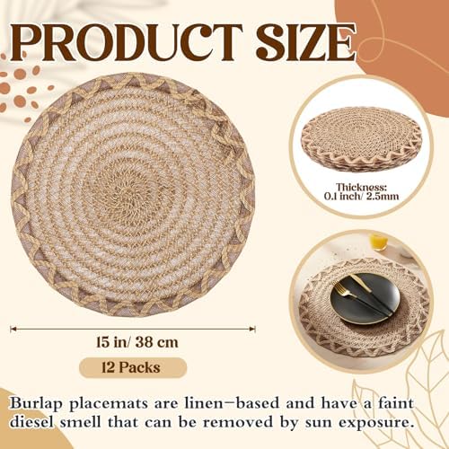 15 Inch Round Woven Placemat Set of 12 Openwork Burlap Boho Charger - Image 2