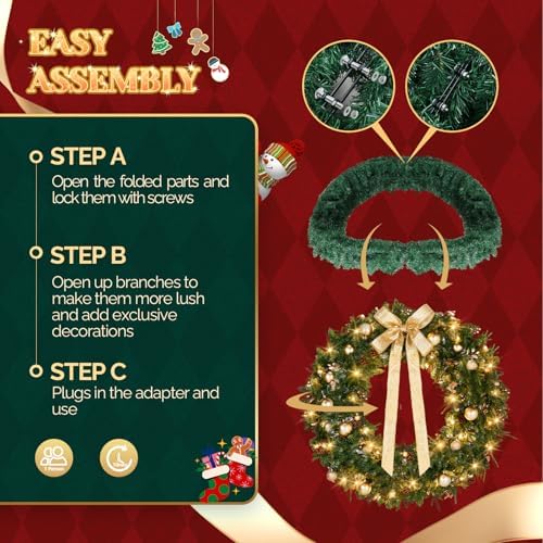 VINGLI 48 Inch Prelit Christmas Wreath Front Door Decor Plug in LED - Image 7