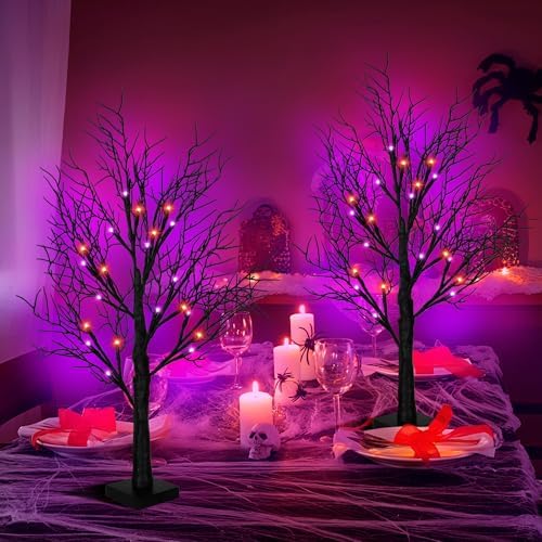Halloween Decorations Indoor 2 Pack 24 Inch Black Halloween Tree with 48 Orange Purple Led Lights, Timer/USB/Battery Operated Lighted Tabletop Spooky Tree for Table Home Office Party Decor - Image 5