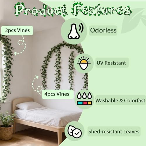 ucky Green Ivy Vines Total 24FT 4 Pack Artificial Plant Silk Fake for Wall Hanging Decor Greenery Ceiling Decor Home Decor Outdoor Decor Wedding Decoration Vines Aesthetic Room Decor （Green） - Image 4
