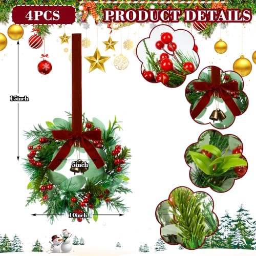 Edussy Mini Christmas Wreaths, Set of 4, 10 Inch Artificial Small Wreath - Image 2