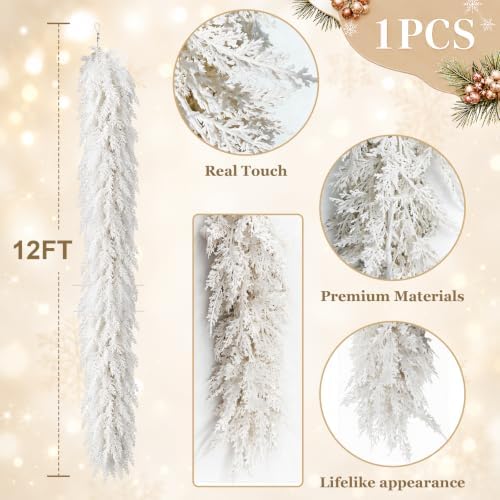 12FT White Christmas Cedar Garland, Realistic Artificial Garland, Winter Snowy Xmas Decorations Indoor Outdoor, Faux Holiday Garland for Mantle, Fireplace, Table, Door, Wedding Party Decor - Image 2